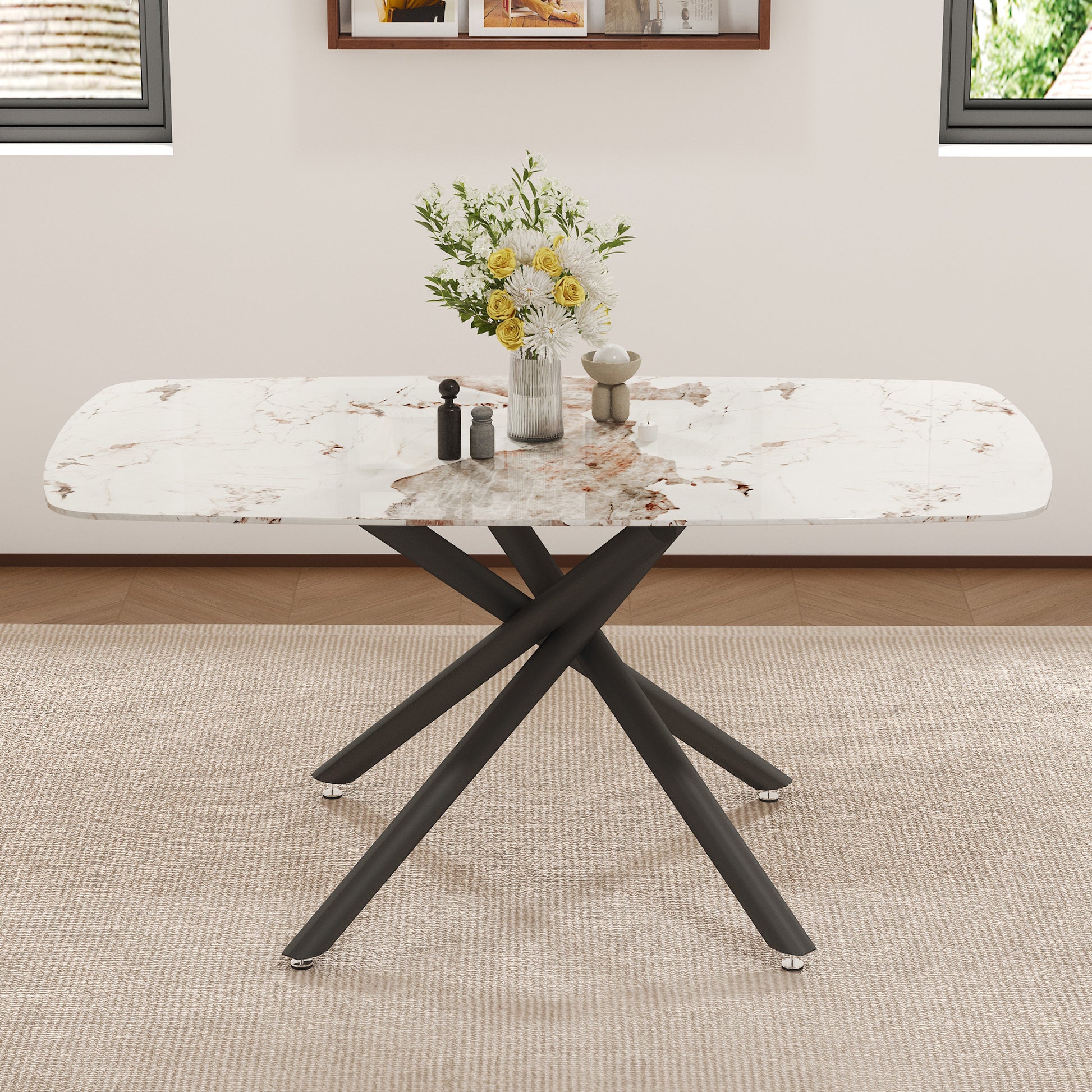 63" Luxurious White Marble-Patterned Tempered Glass Dining Table.single Fork Black Metal Table Legs.tempered Glass Table Top - detail view 2