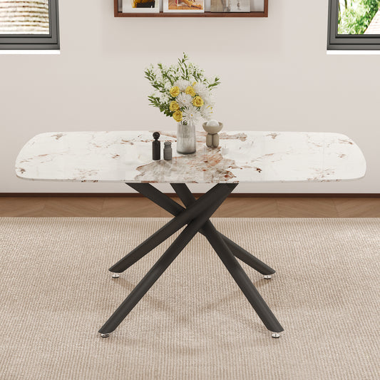 63" Luxurious White Marble-Patterned Tempered Glass Dining Table.single Fork Black Metal Table Legs.tempered Glass Table Top - detail view 2