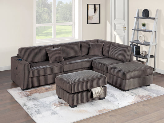 Chocolate Fur-Like Corduroy Sectional Sofa Reversible Chaise Sofa w USB Storage Ottoman Upholstered Couch Pillows 3pc Set Living Room - primary color shot