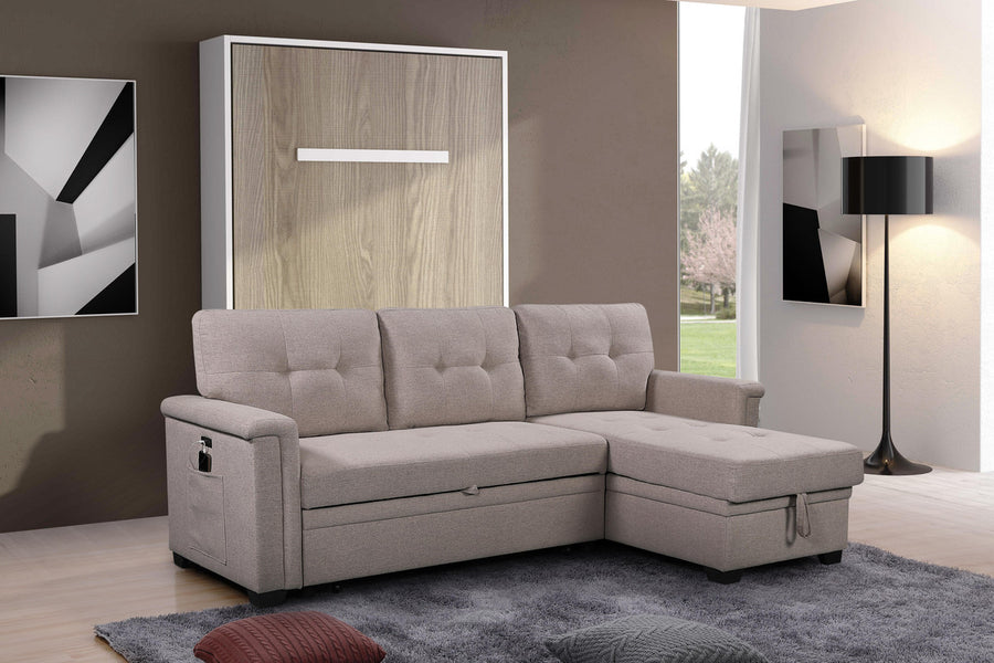 Ashlyn 84' Light Gray Reversible Sleeper Sectional Sofa with Storage Chaise, USB Charging Ports and Pocket - detail view 2