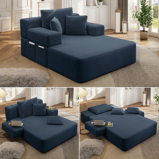 Luxurious Plush Corduroy Chaise Lounge with 3 Pillows - Blue - primary color shot