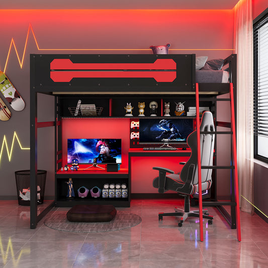 Full Size Wood Loft Bed with Desk - Black+red - detail view 2