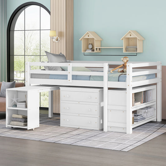 Low Study Full Loft Bed with Cabinet - White - primary color shot