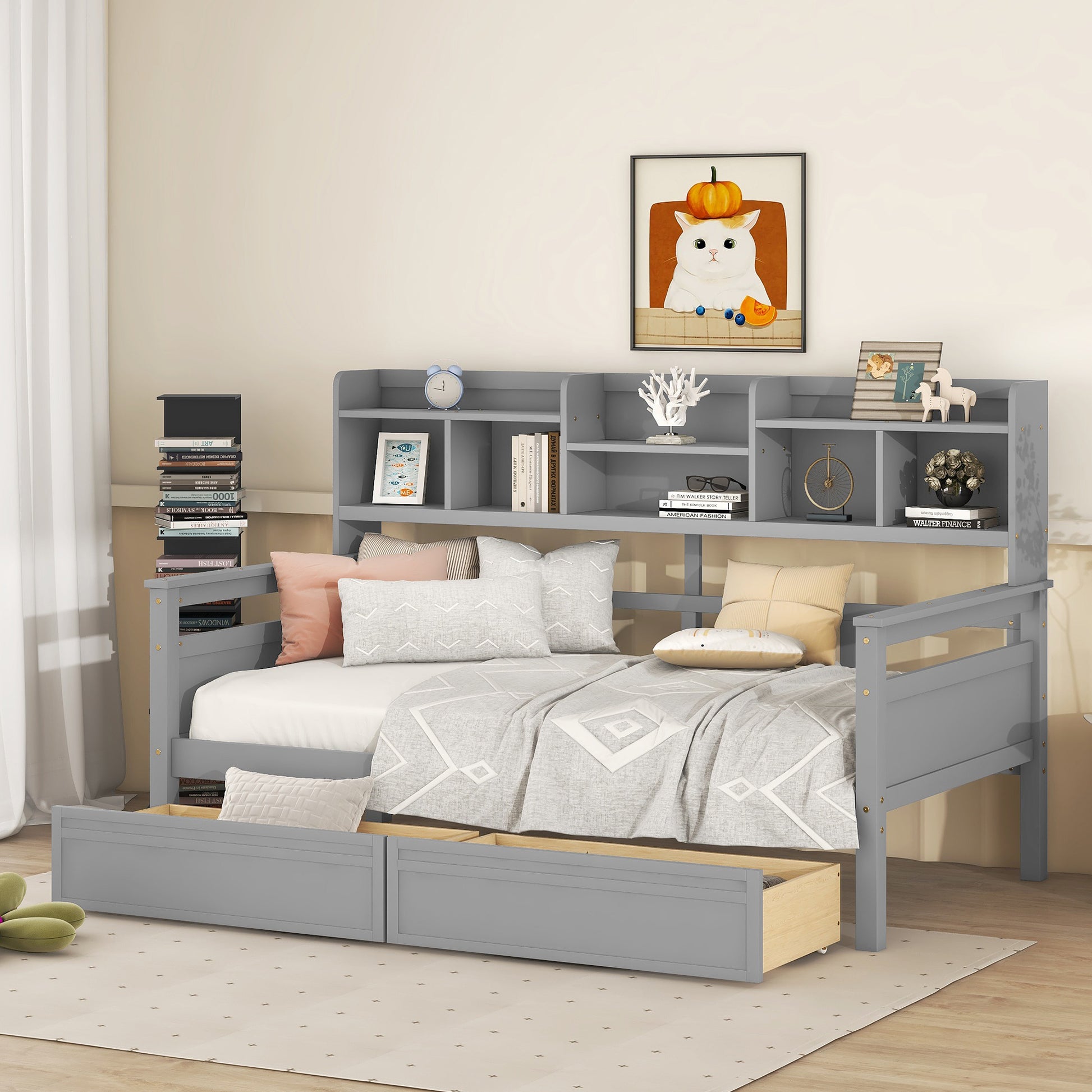 Grover Twin Bookcase Daybed with Trundle, Gray