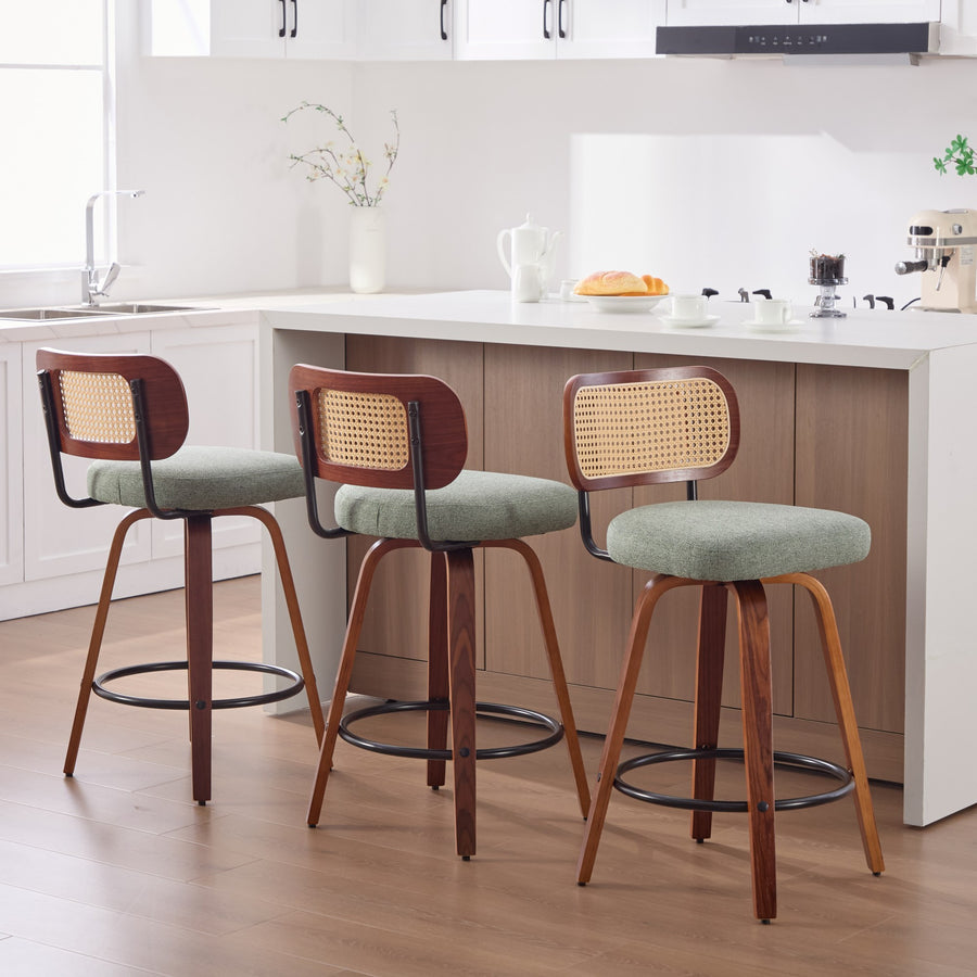 Light Green Linen Counter Height Stool with Black Legs (Set of 3)