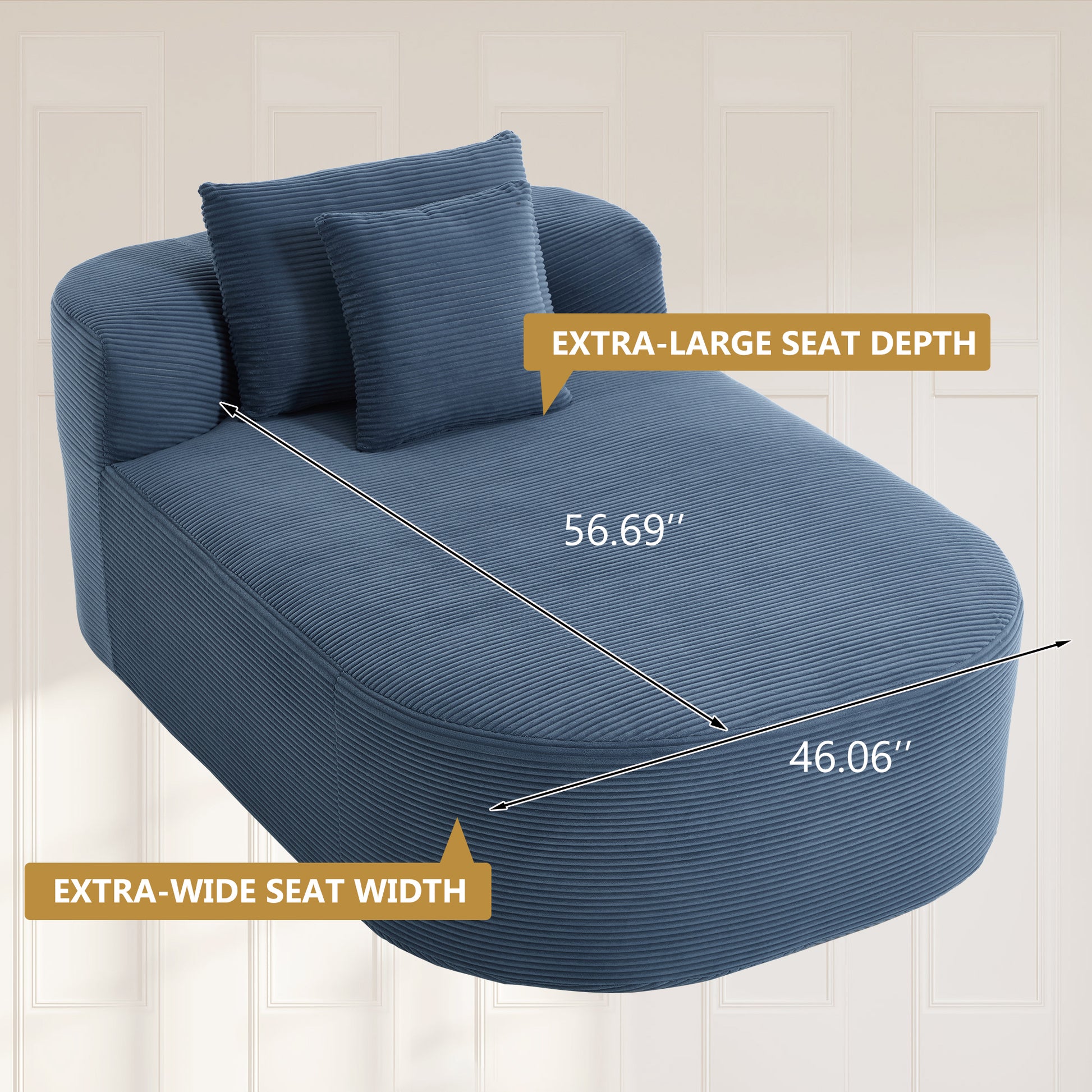 Blue Oversized Corduroy Chaise Lounge Sofa Bed with Deep Seat & Soft Pillows - detail view 5