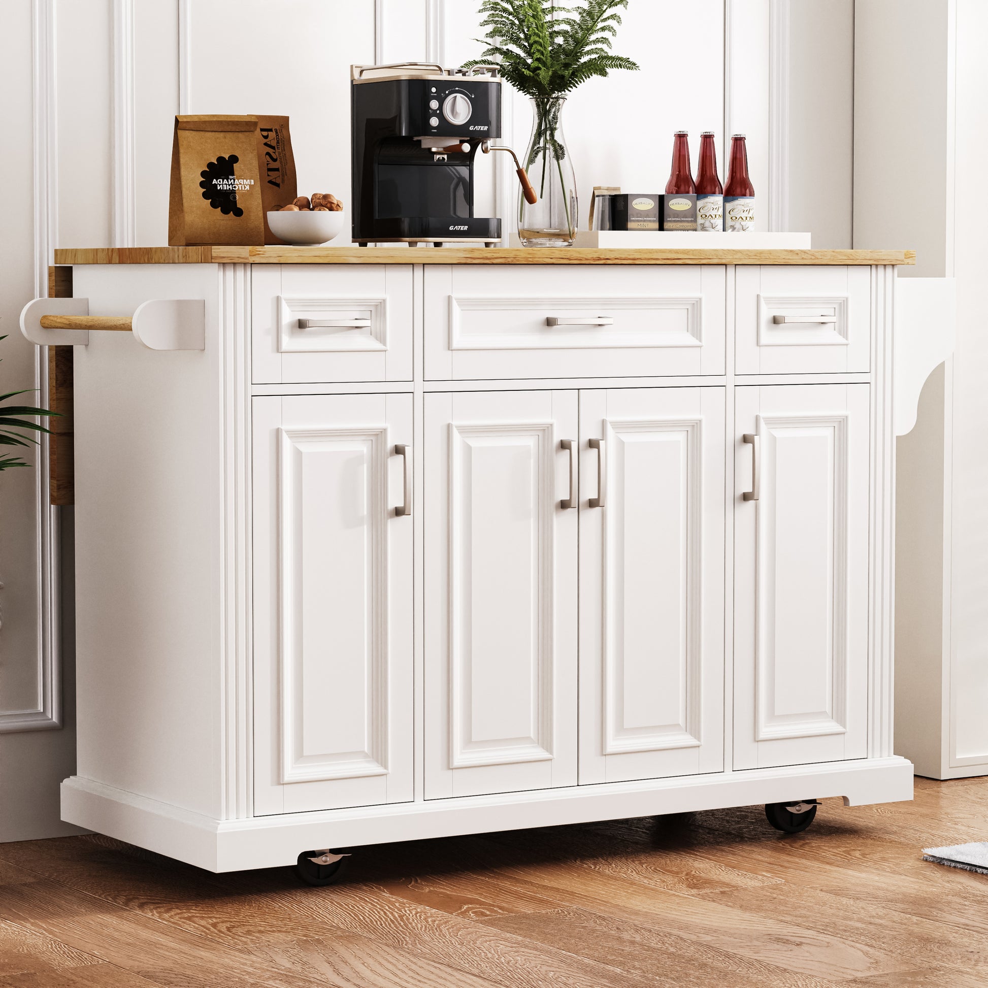 K&k 54" Large Kitchen Island with Rubber Wood Drop Leaf - White - detail view 4