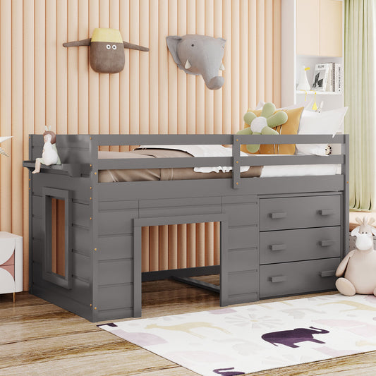 Twin Size Loft Bed with Cabinet and Shelf - Gray - primary color shot