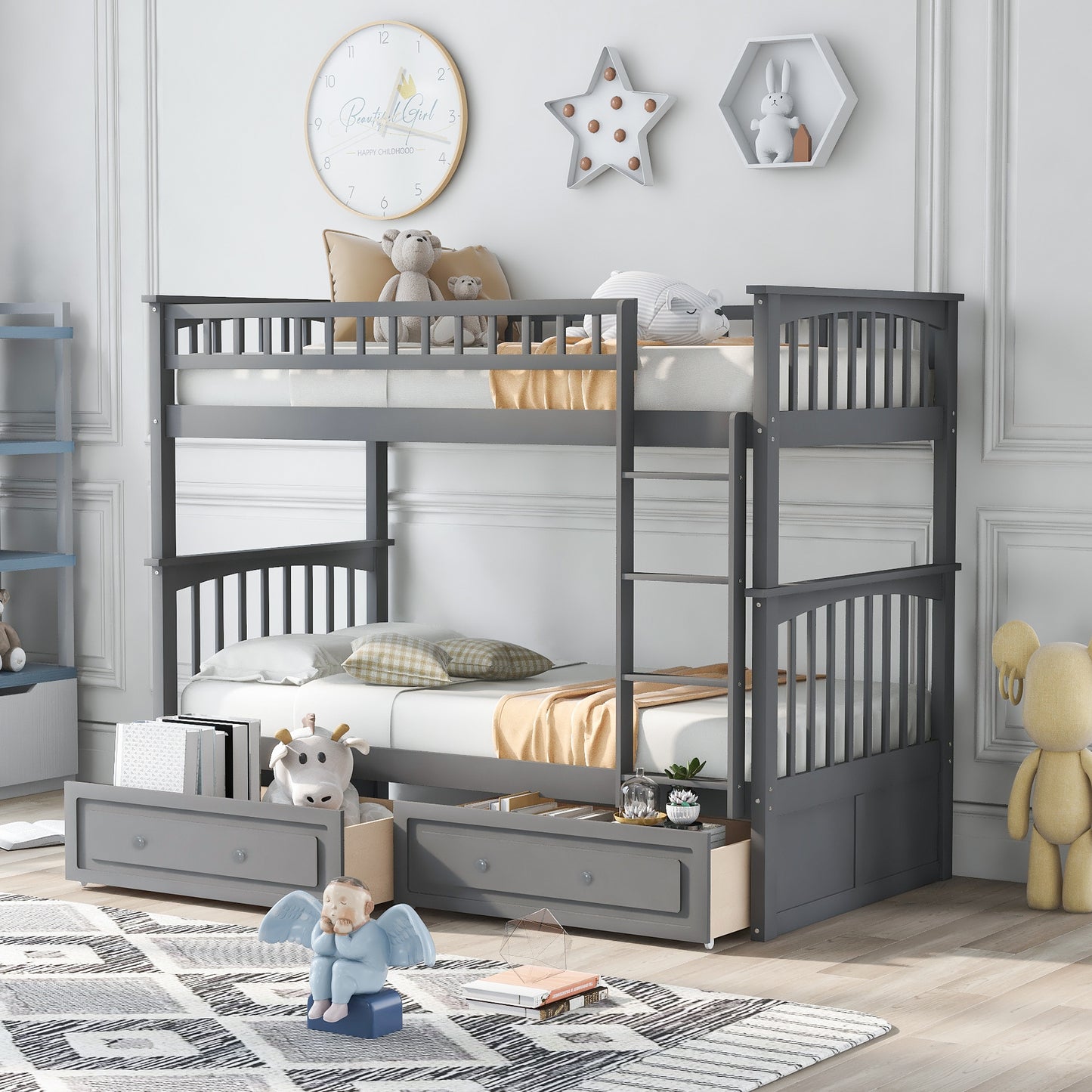 Philips Twin Size Wooden Bunk Bed with Storage Drawers, Gray