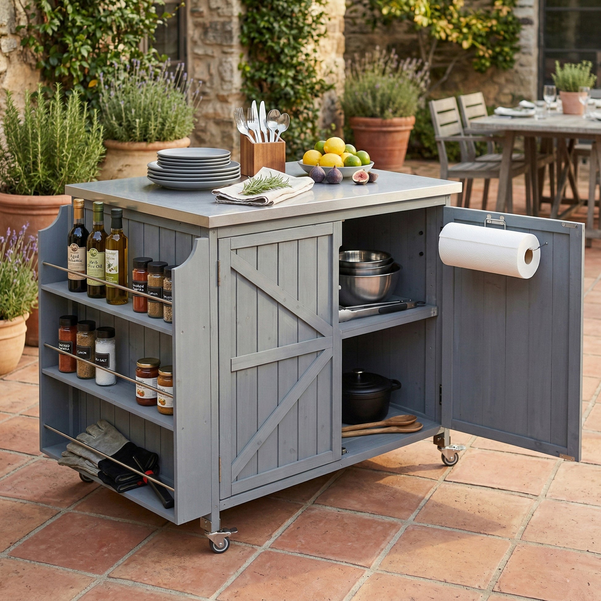 K&k 42.1' Outdoor Kitchen Island with Side Shelf - Grey & Blue - primary color shot