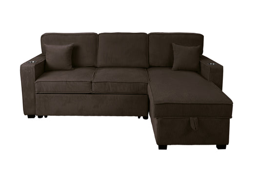 Contemporary Style Convertible Sectional Cup Holder USB And USB-C Port Storage Chaise Matching Pillows Pull Out Extension Chocolate Finish Primary Living Room - detail view 2