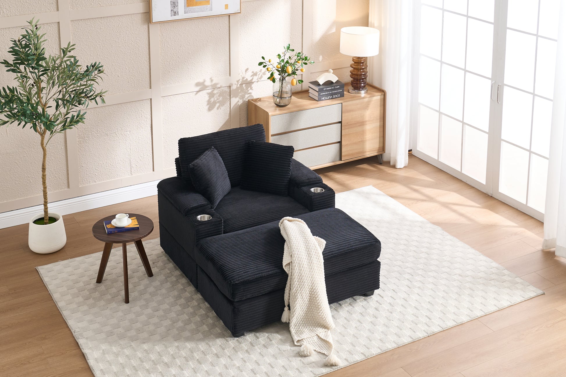 [video/new]corduroy Upholstered Chaise Lounge Sofa with Handrail Storage - Black - detail view 3
