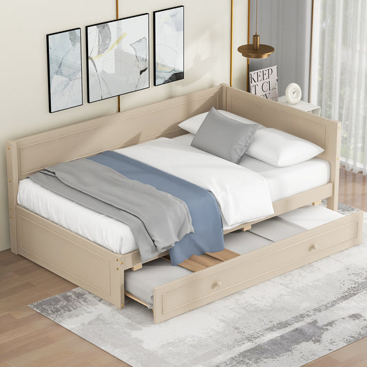 Damaris Twin Size Wood Daybed with Trundle and Guardrail, Beige