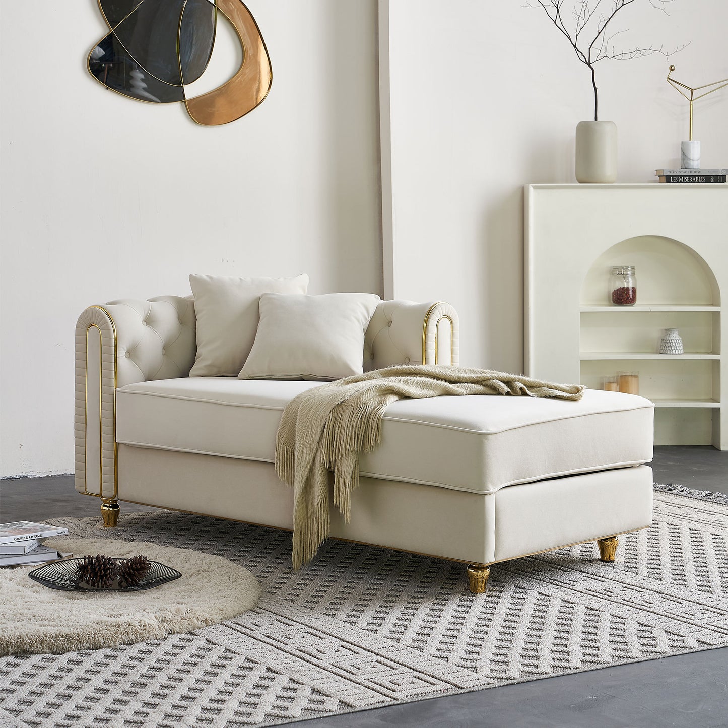 67" W Velvet Chaise Lounge - Beige - primary color shot