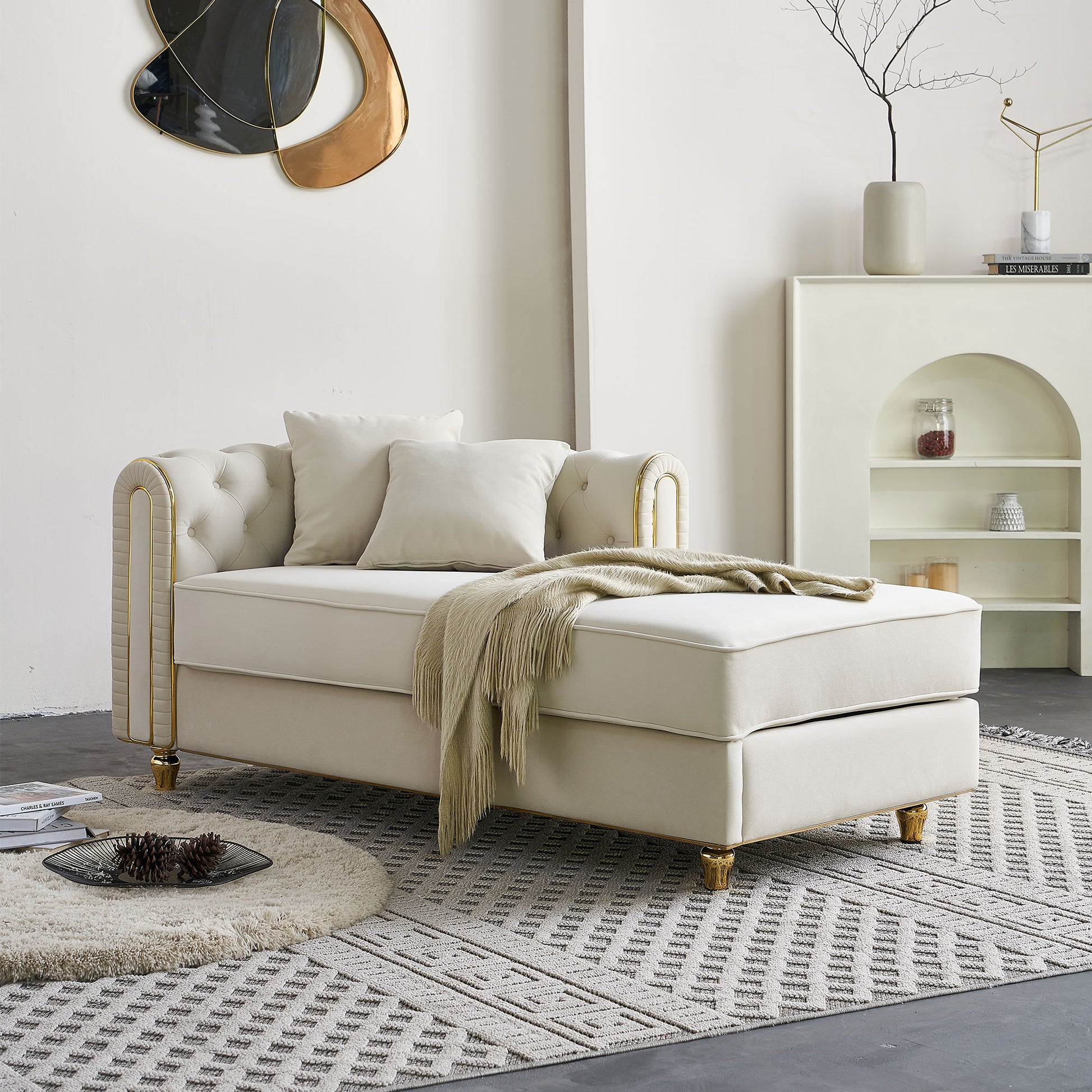 67" W Velvet Chaise Lounge - Beige - primary color shot