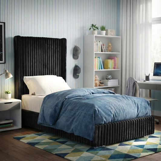 Cadwell Twin Size Contemporary Fur Chenille Platform Bed with 68" Headboard, Black