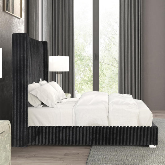Cadwell King Size Contemporary Fur Chenille Platform Bed with 68" Headboard, Black