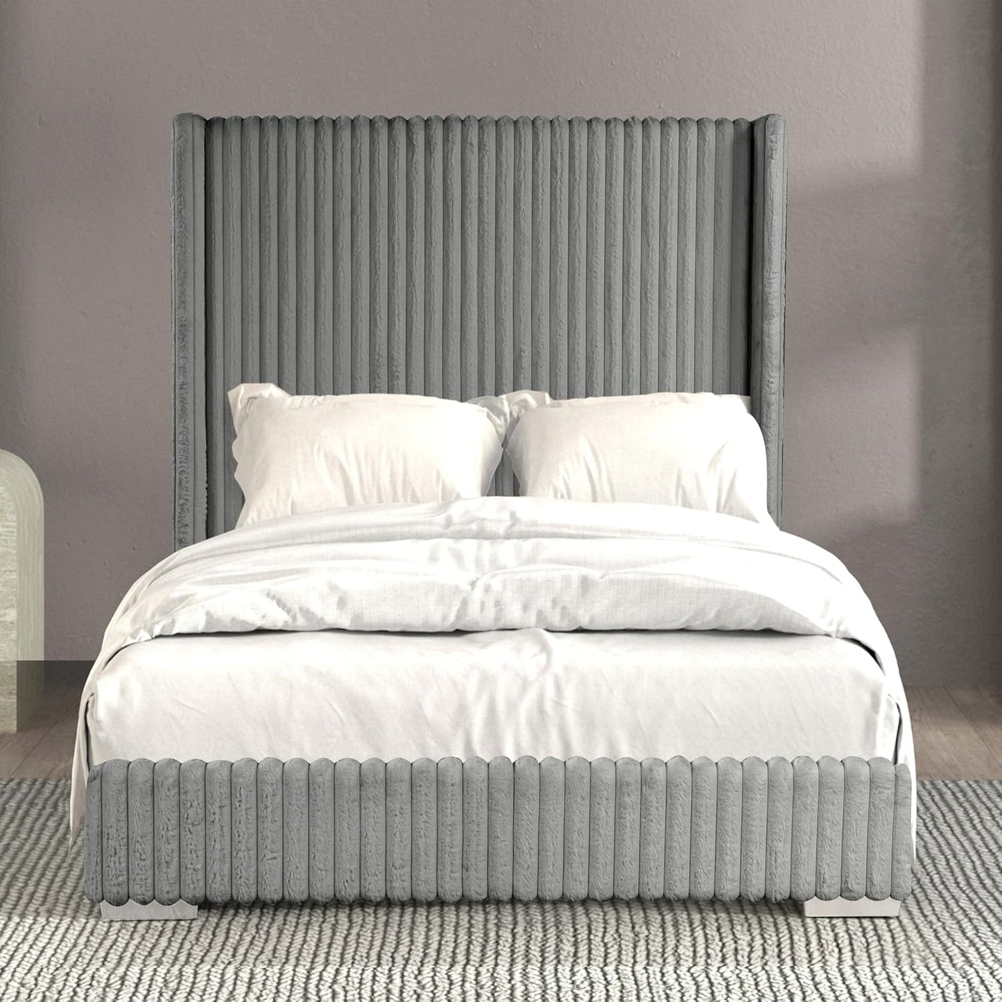 Cadwell King Size Contemporary Fur Chenille Platform Bed with 68" Headboard, Gray