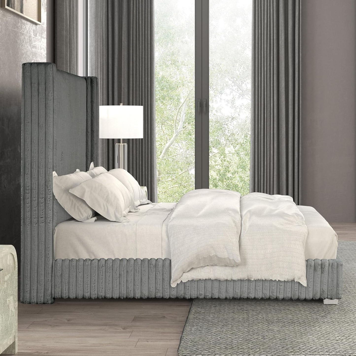 Cadwell King Size Contemporary Fur Chenille Platform Bed with 68" Headboard, Gray