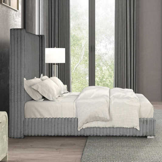 Cadwell Queen Size Contemporary Fur Chenille Platform Bed with 68" Headboard, Gray