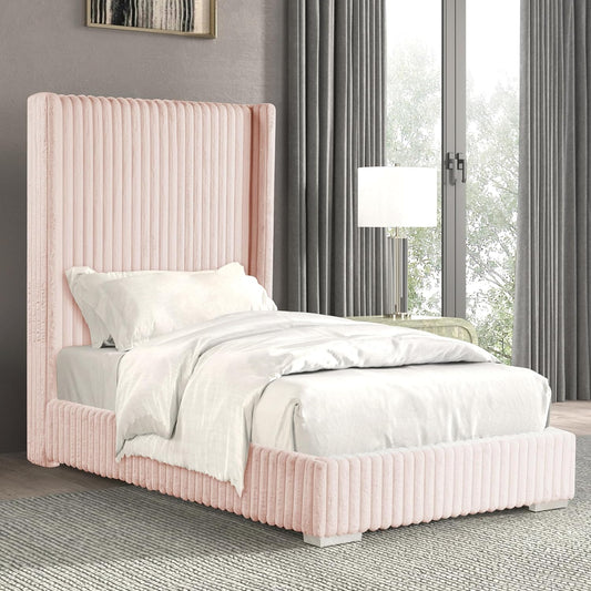 Cadwell Twin Size Contemporary Fur Chenille Platform Bed with 68" Headboard, Pink
