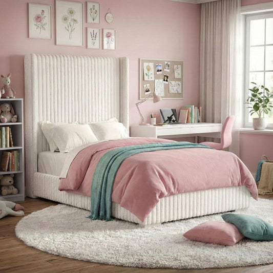 Cadwell Twin Size Contemporary Fur Chenille Platform Bed with 68" Headboard, Pink