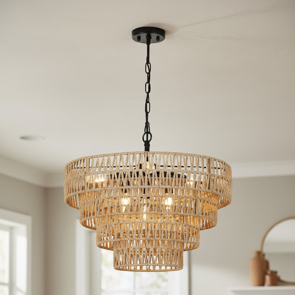 Woven rattan chandelier with a white background