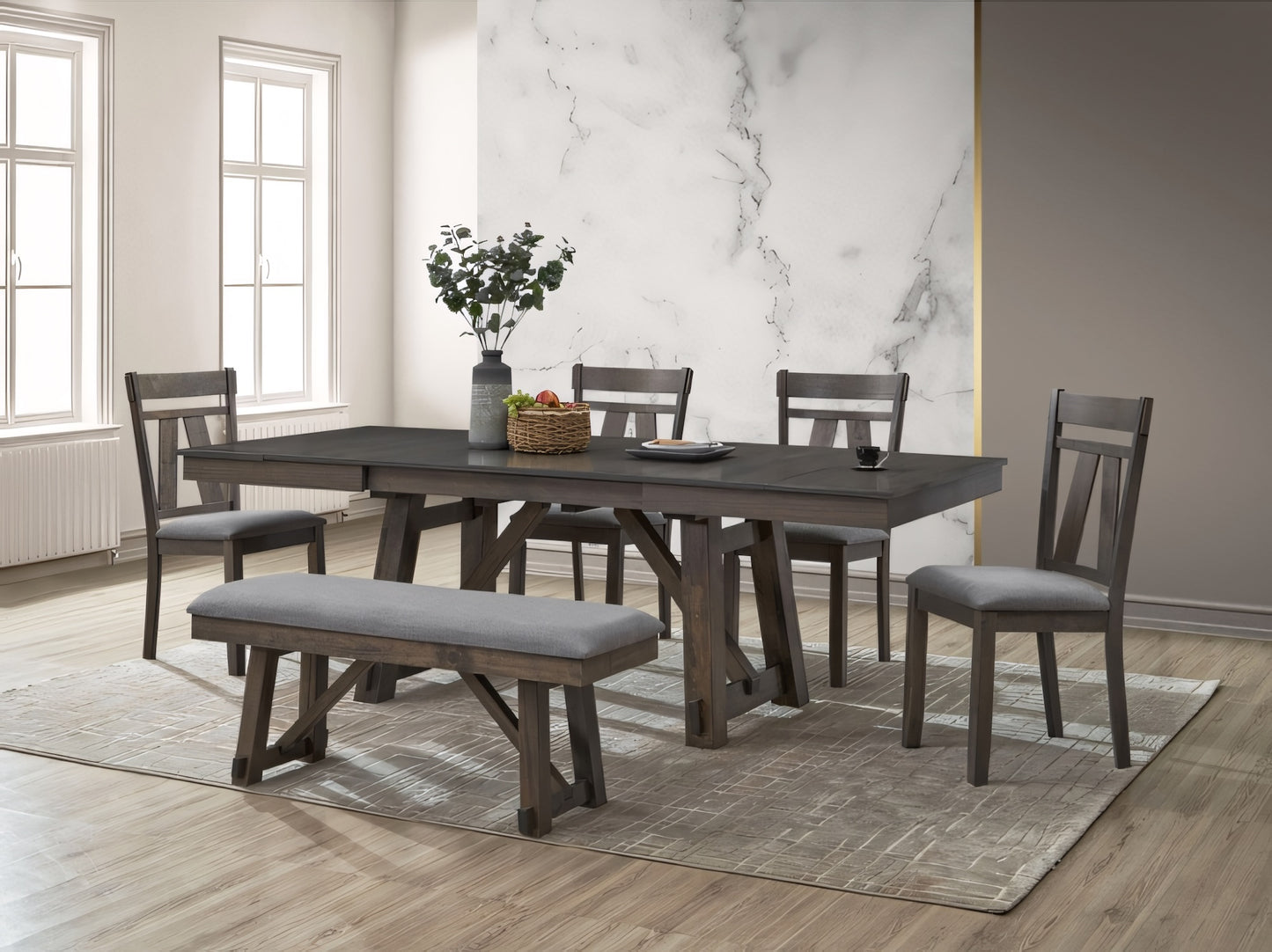 Callahan 6-Piece Farmhouse Dining Set with Double Extension Leaf – Gray Finish