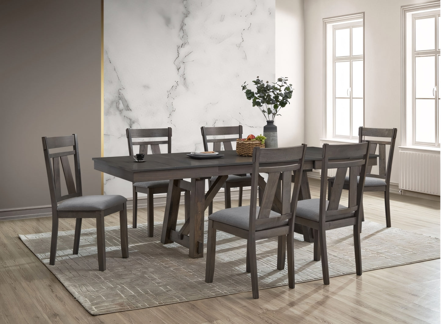 Callahan 7-Piece Farmhouse Dining Set with Double Extension Leaf – Gray Finish