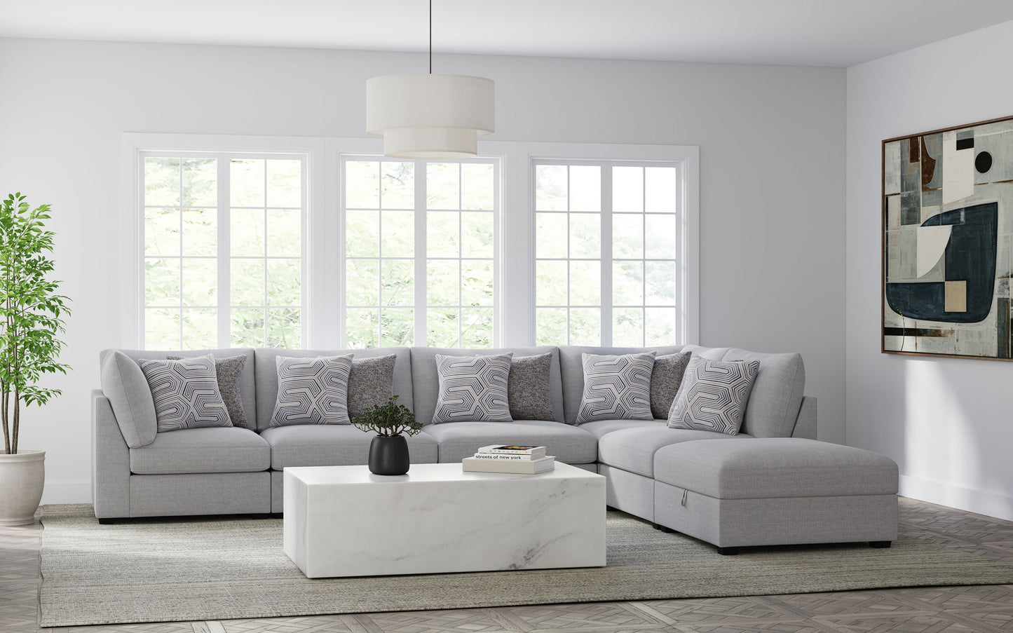 Cambria 6 Piece Light Grey Linen Modular Sectional & Ottoman Set