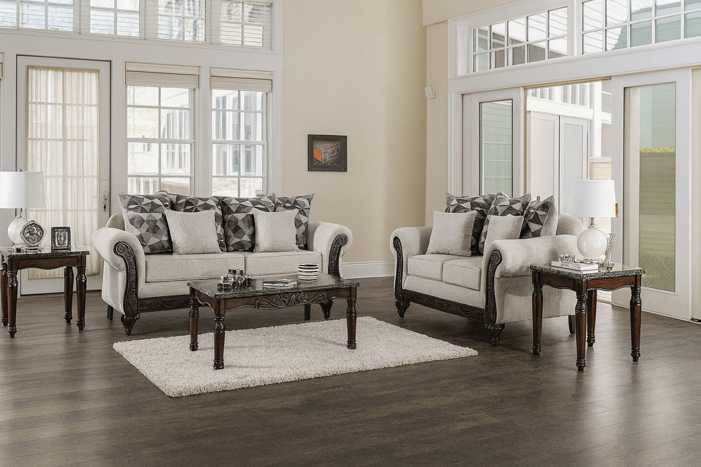 Cassani Traditional Rolled Arm Sofa - Light Gray & Walnut