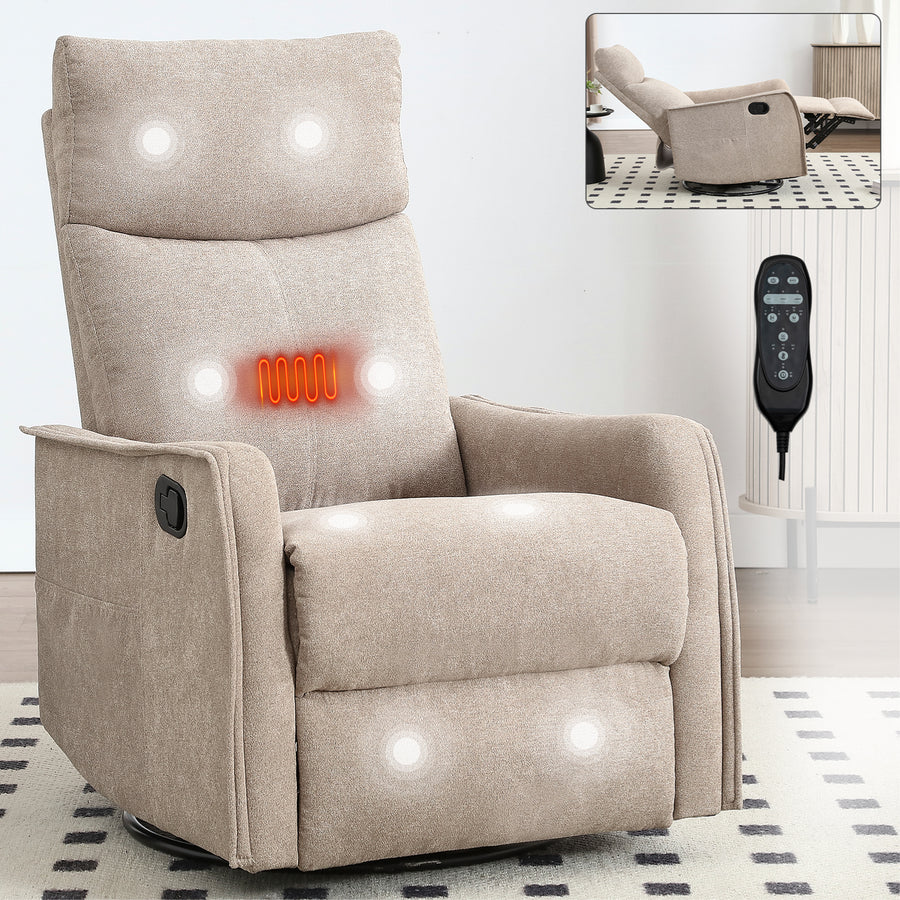 Heat Massage Manual Recliner Chair with Rocker and Swivel in Fabric - Khaki - primary color shot