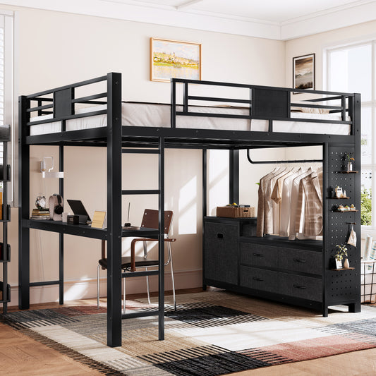 Queen Size Loft Bed with Desk & Shelves - Black - primary color shot