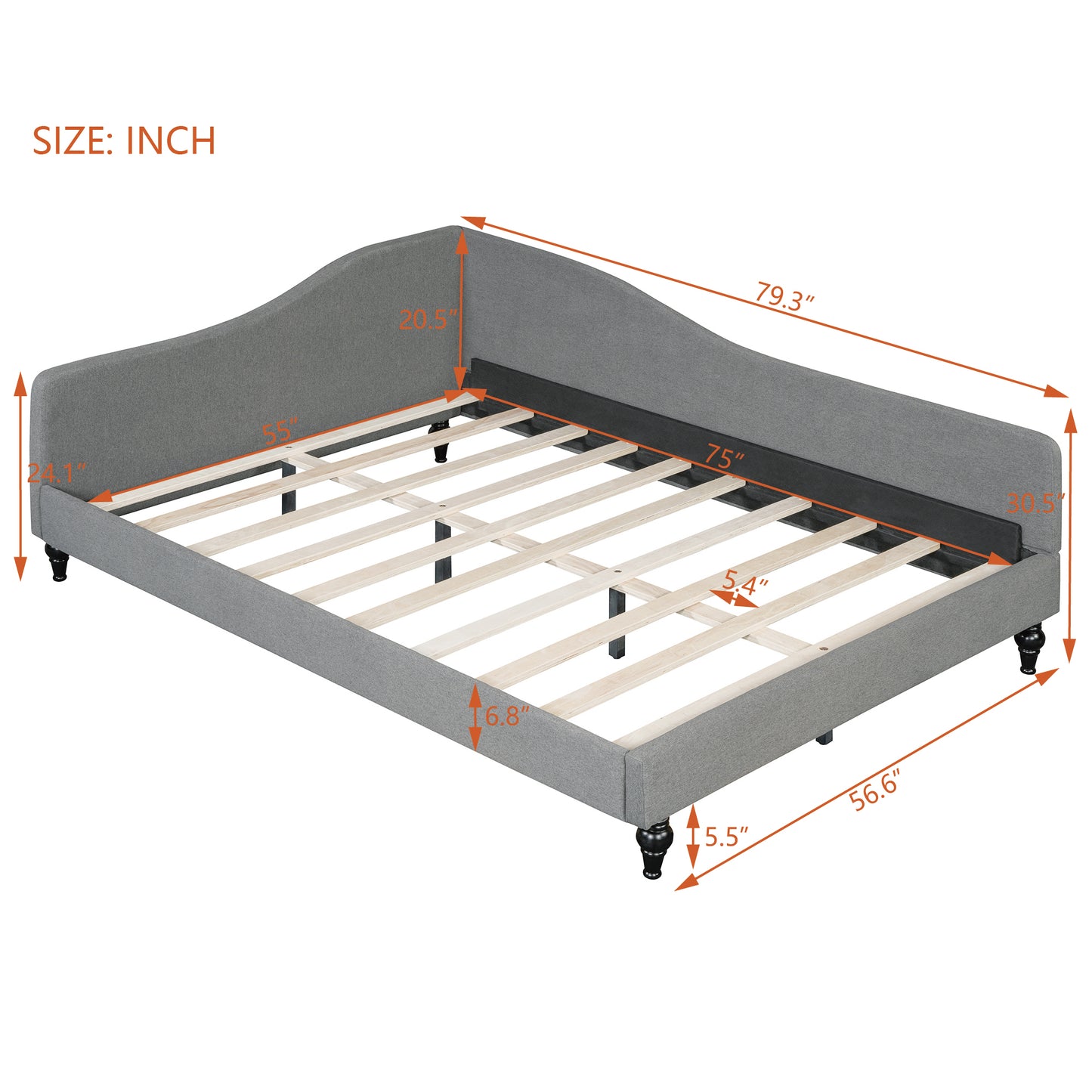 Thorne Full Size L-Shaped Linen Daybed, with Solid Wood Legs, Gray