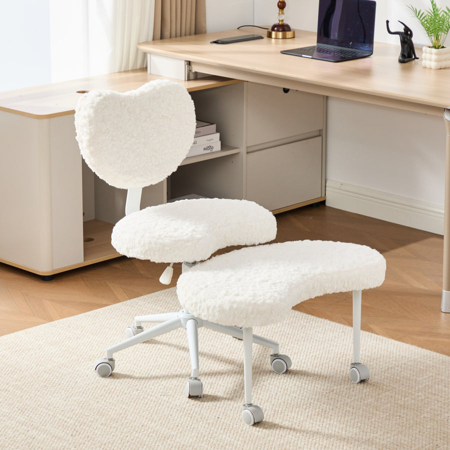 Beige faux fur Office Chair with Wood Legs