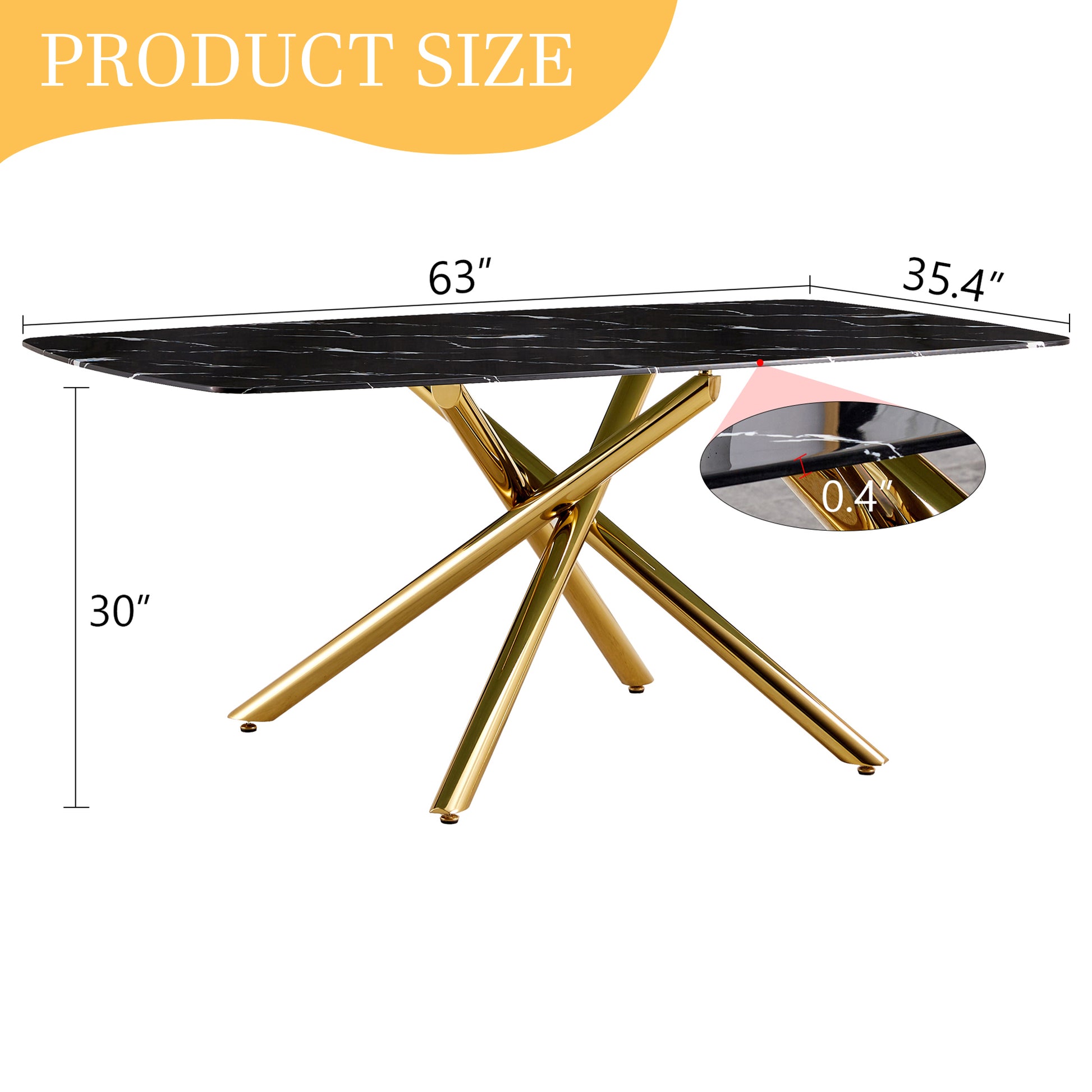 63" Luxurious Black Marble-Patterned Tempered Glass Dining Table.single Fork Golden Metal Table Legs.tempered Glass Table Top - Black & Gold - detail view 4