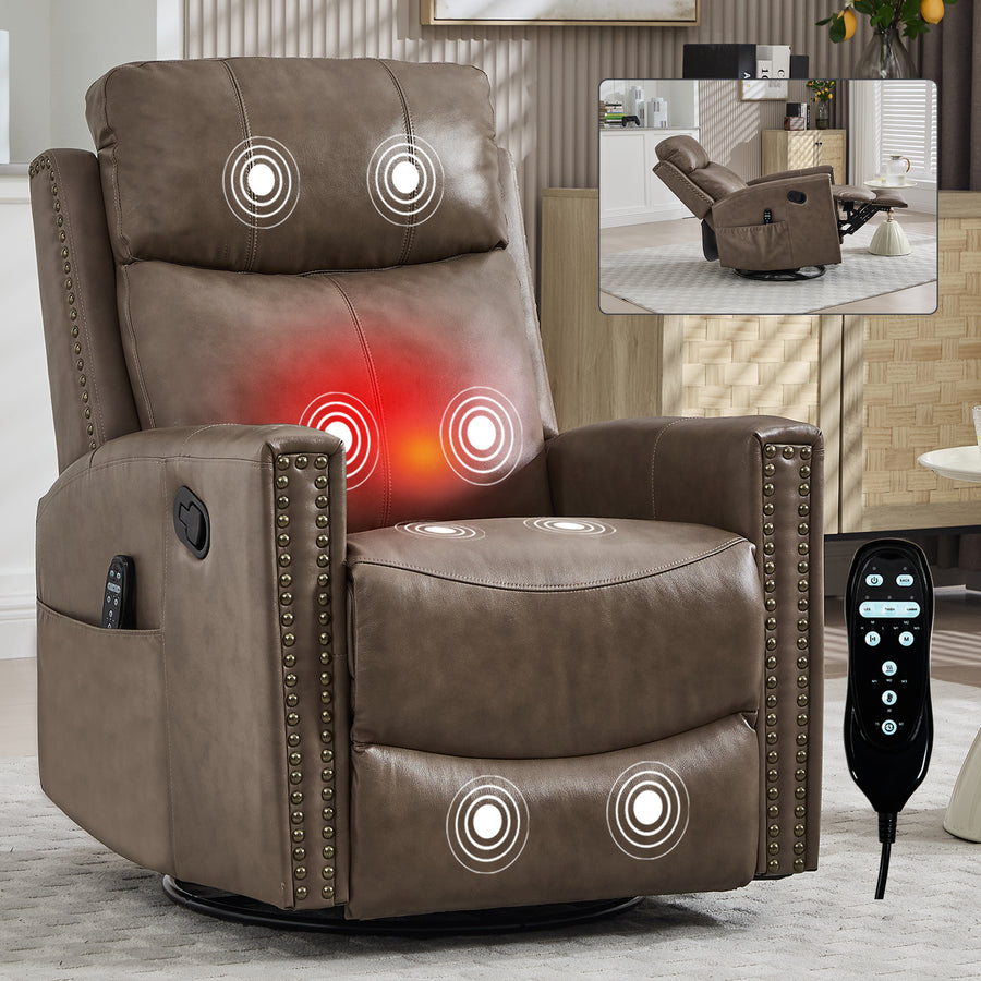 Camel Brown Genuine Leather Heat Massage Manual Recliner Chair with Rocker and Swivel - Camel+brown - primary color shot