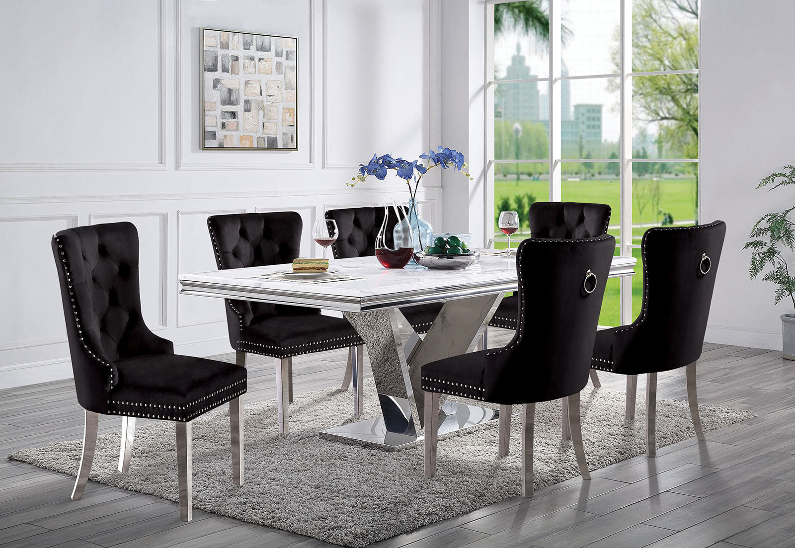 Emma Velvet Wingback Chairs with Mirrored Silver Legs Set of 2 , Black