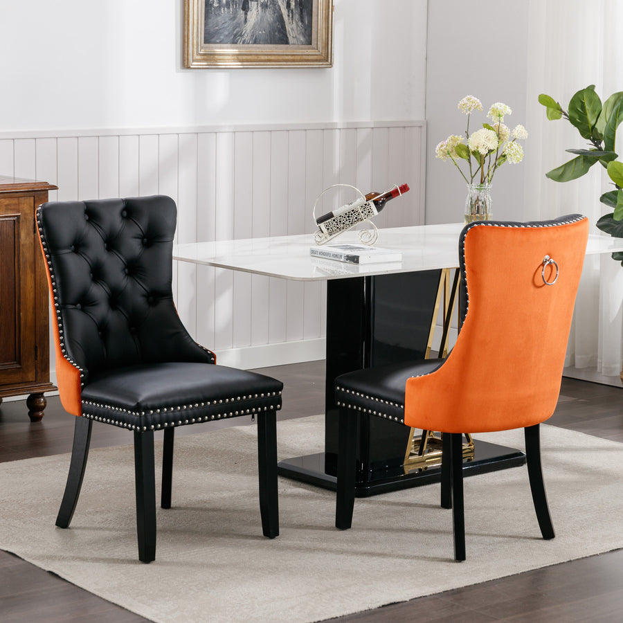 Black PU PU Leather Tufted Nailhead Trim Dining Chairs with Black Legs