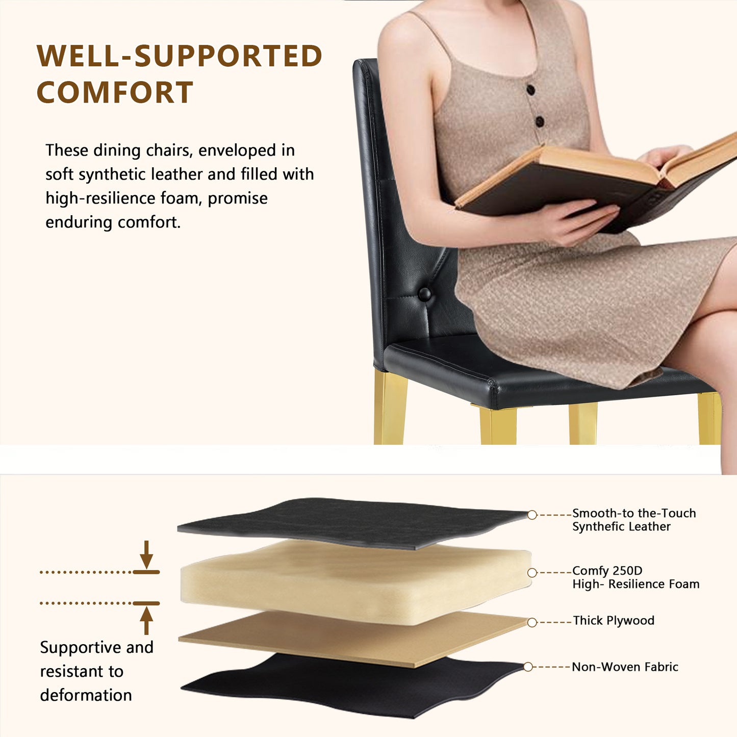 Black Upholstered Fabric Dining Chairs with Gold Legs (set of 2) - detail view 5