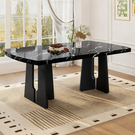 63' Modern Faux Marble Dining Table - Black/white Marble Top with Sturdy Geometric Legs, Stylish Kitchen & Dining Room Table for Dining - primary color shot