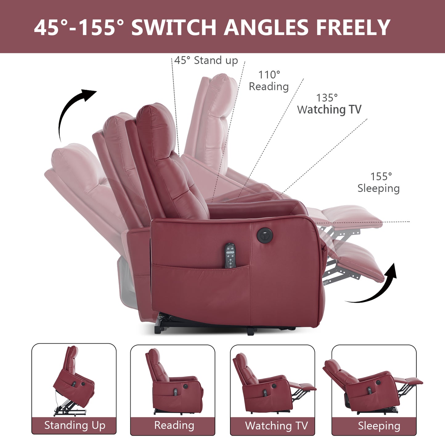 Wine Red PU Single Motor Power Lift Recliner Chair with Massage and Heat for Elderly - detail view 4