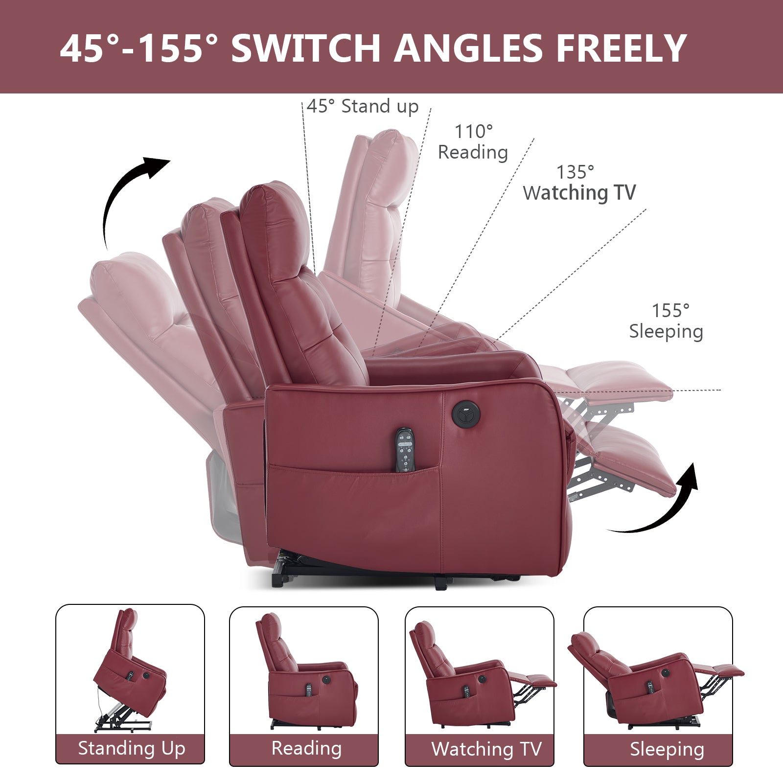 Wine Red PU Single Motor Power Lift Recliner Chair with Massage and Heat for Elderly - detail view 4