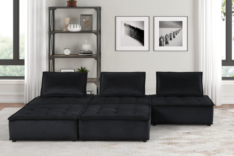 Anna 120' Black Velvet 5 Pc Sectional Sofa Ottoman - primary color shot