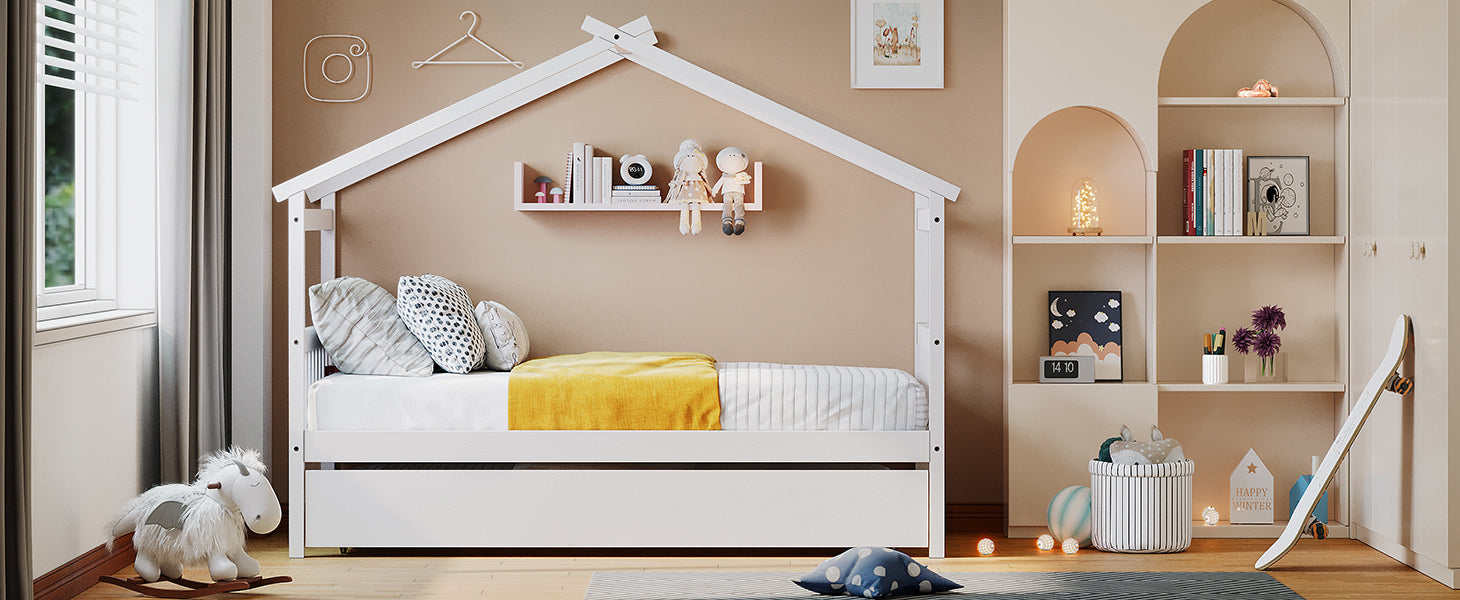 Palomar Twin Size Wooden House Bed with Twin Size Trundle, White