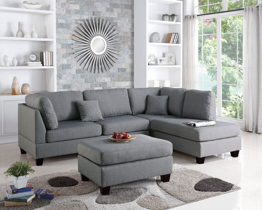 Grey Color 3pcs Sectional Living Room Furniture Reversible Chaise Sofa And Ottoman Polyfiber Linen Like Fabric Cushion Couch - primary color shot