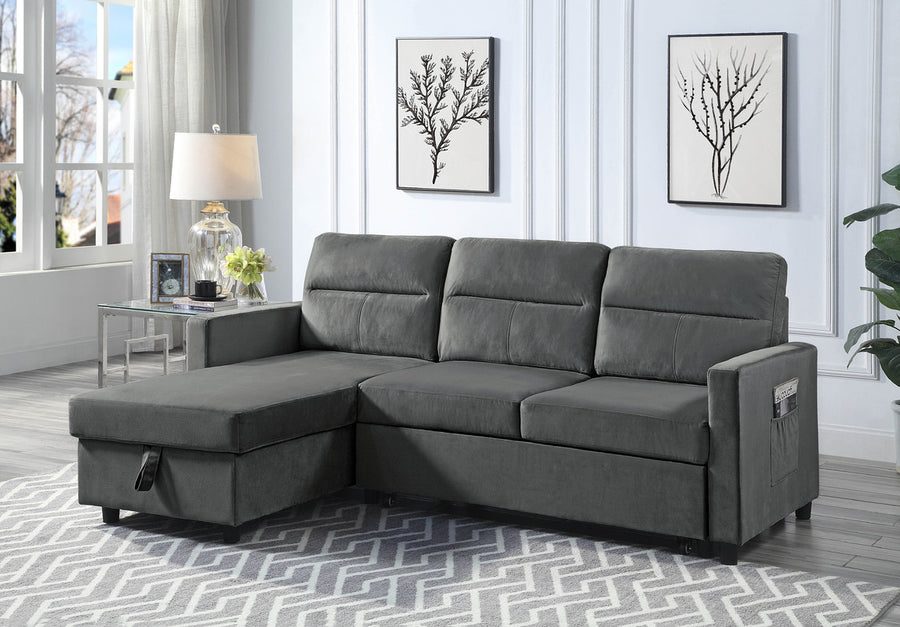 Ivy 81.5' Dark Gray Velvet Reversible Sleeper Sectional Sofa with Storage Chaise and Side Pocket - primary color shot