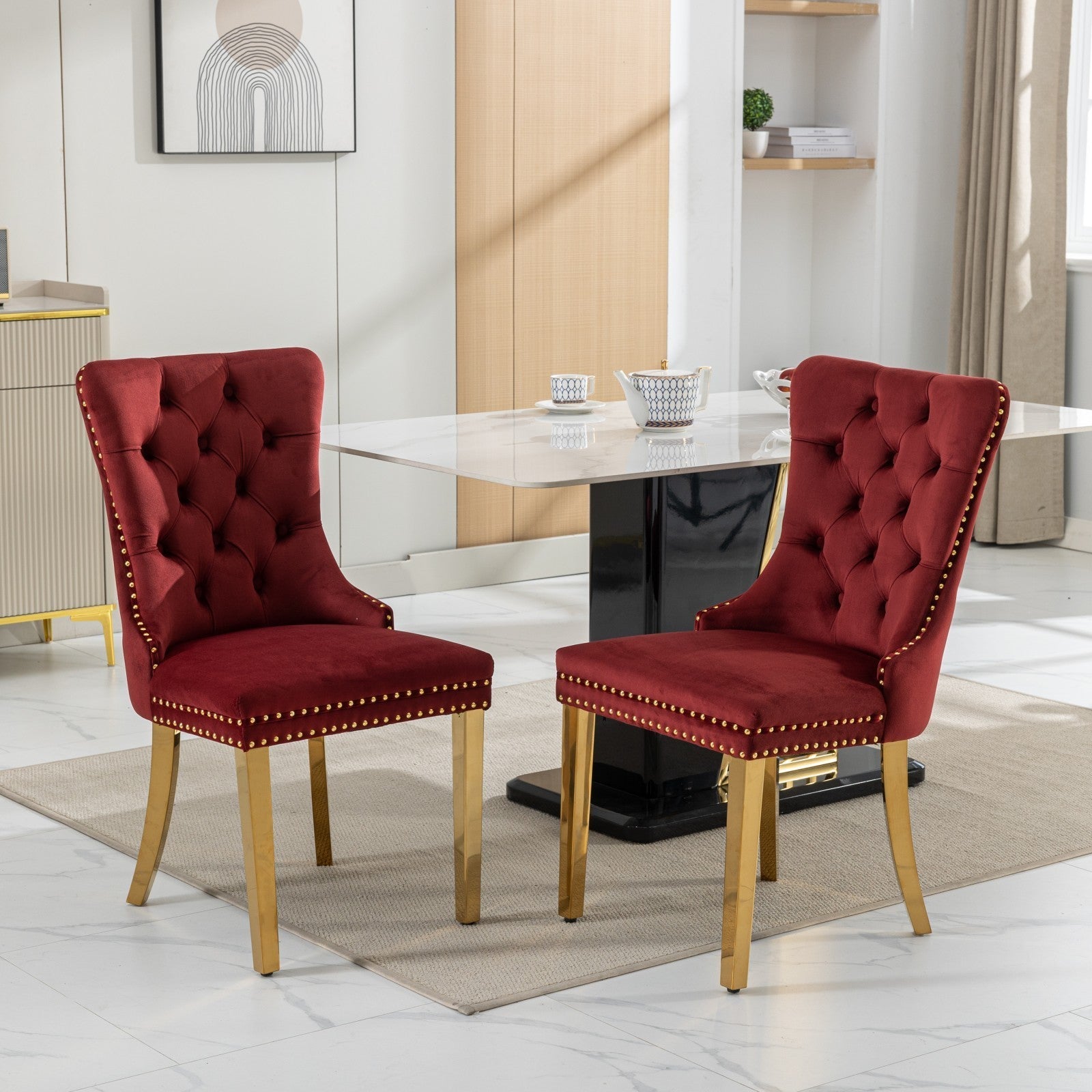 Niki Modern Velvet Side Chair with Nailhead Trim & Gold Leg Set of 2 Burgundy