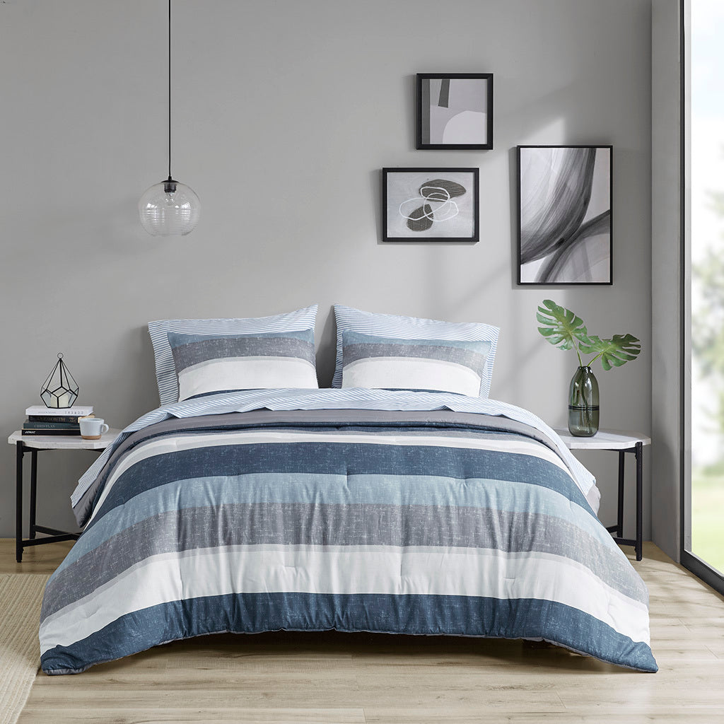 Stripe Comforter Set with Bed Sheets Blue/Grey