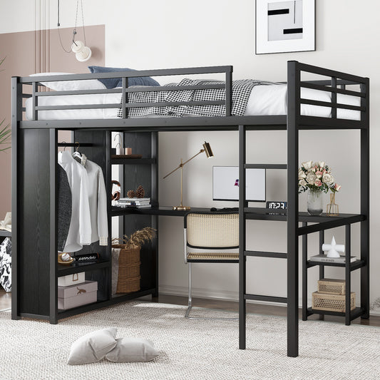 Full Size Loft Bed Frame with Built-in Wardrobe - Black - primary color shot